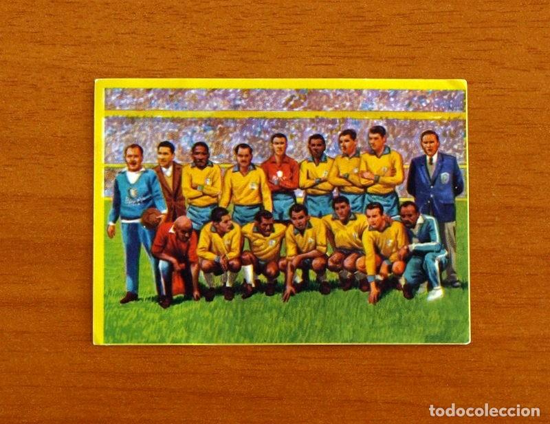 Cromos de F&uacute;tbol: Mundial de Espa&ntilde;a -64 Alineaci&oacute;n de Brasil del 62 - F&uacute;tbol en acci&oacute;n Danone 82, 1982 -Nunca pegado