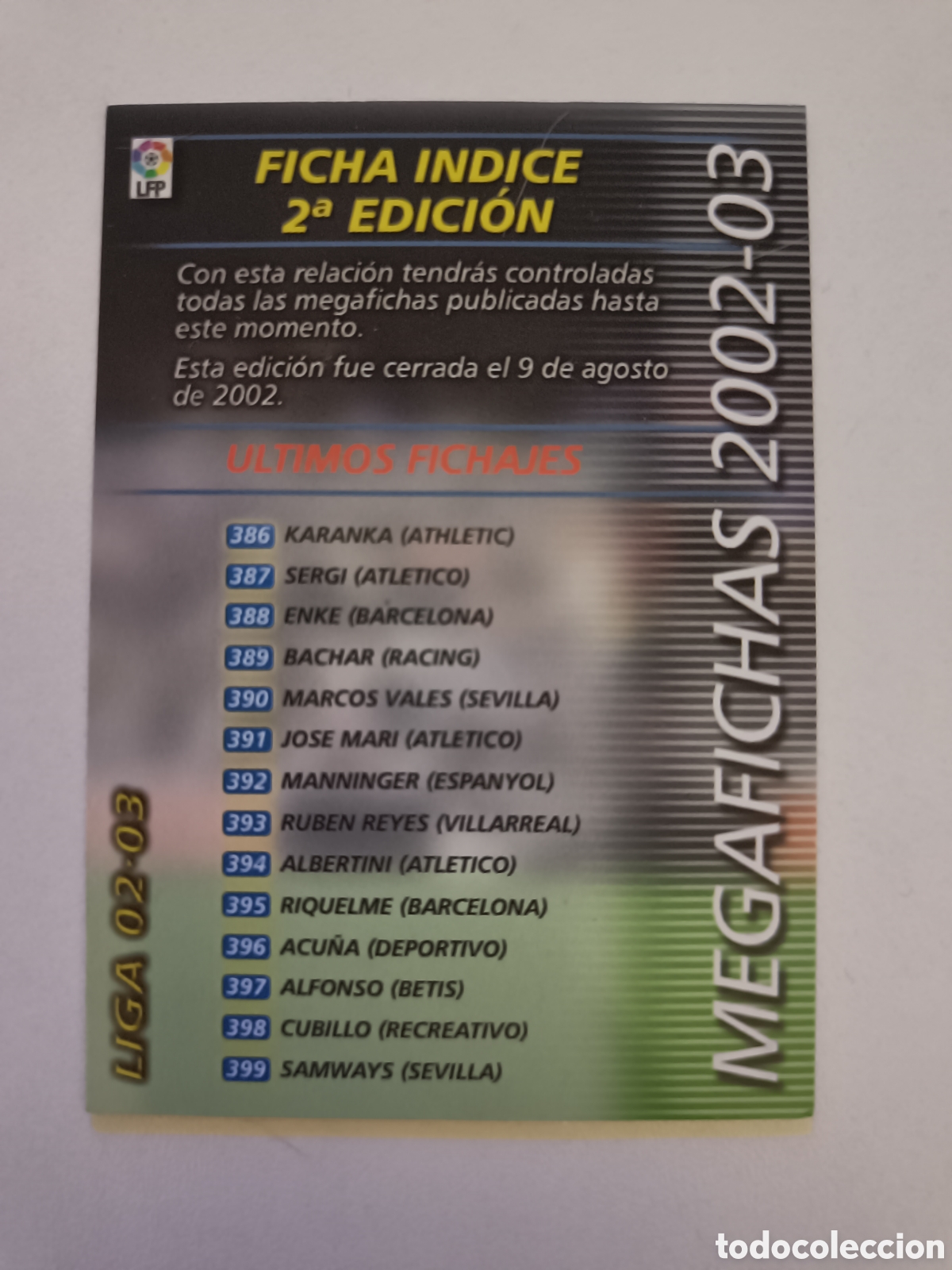 Football Stickers: Megafichas 2002-2003 indice