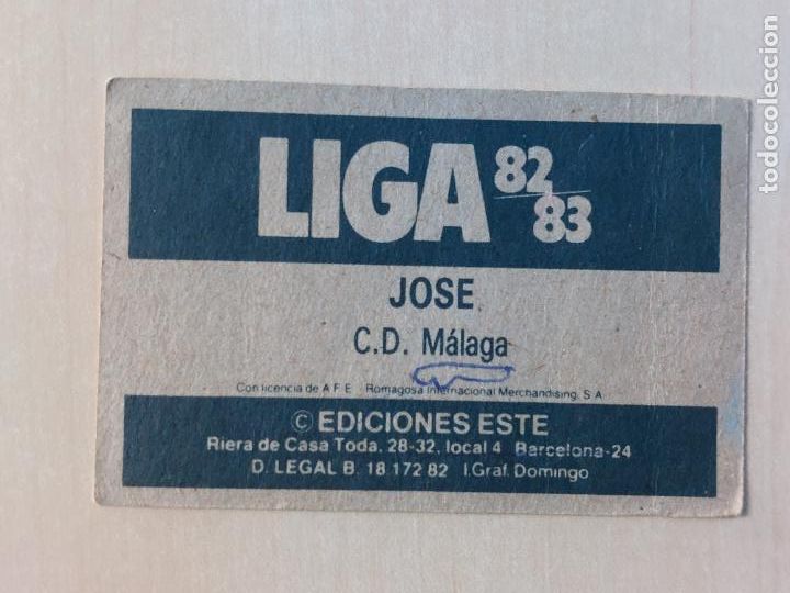 Cromos de f&uacute;tbol: EDICIONES ESTE 82 83 - JOSE - CROMO - MALAGA - Foto 2