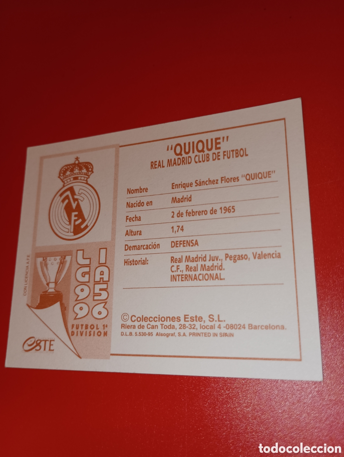 Cromos de f&uacute;tbol: Cromo de Quique, Este 95-96 - Foto 3