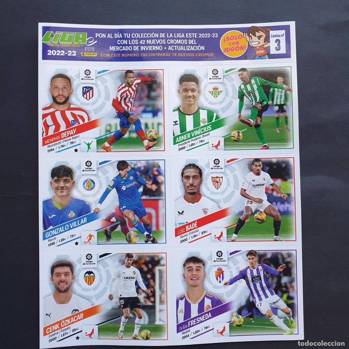 Cartes &agrave; collectionner de Football: L&Aacute;MINA 3 ACTUALIZACI&Oacute;N 6 Stickers PANINI ESTE LA LIGA 2022-23 Depay-Vin&iacute;cius-Villar-Bad&eacute;-&Ouml;zkacar