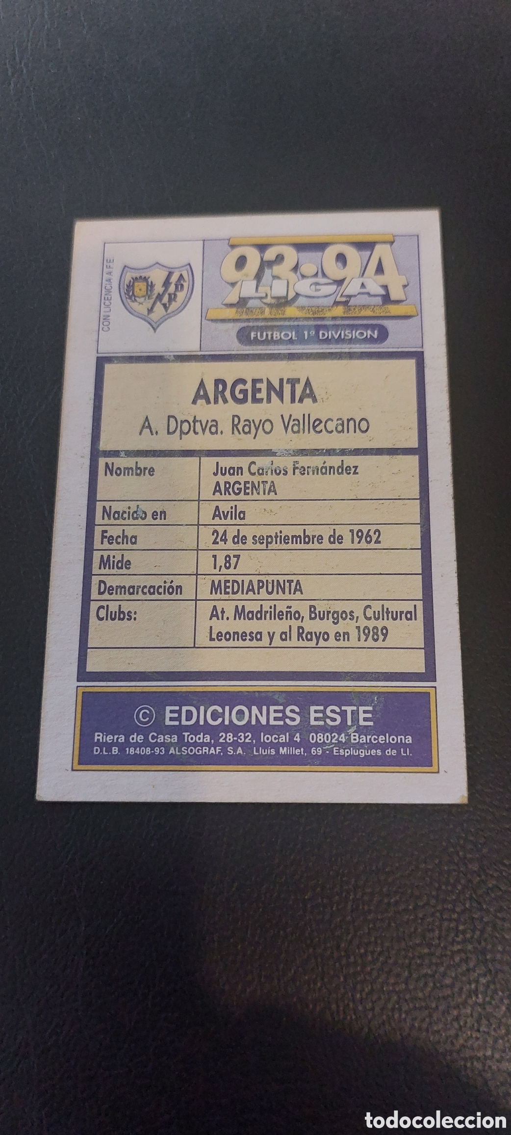 Cromos de f&uacute;tbol: Argenta rayo vallecano baja 93/94 - Foto 2
