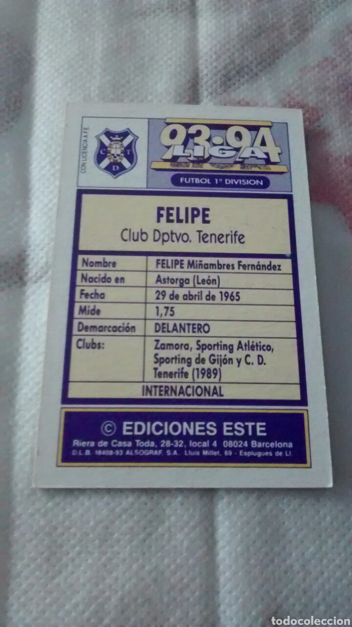 Cromos de f&uacute;tbol: 1993 93 94 ESTE FELIPE - Foto 2
