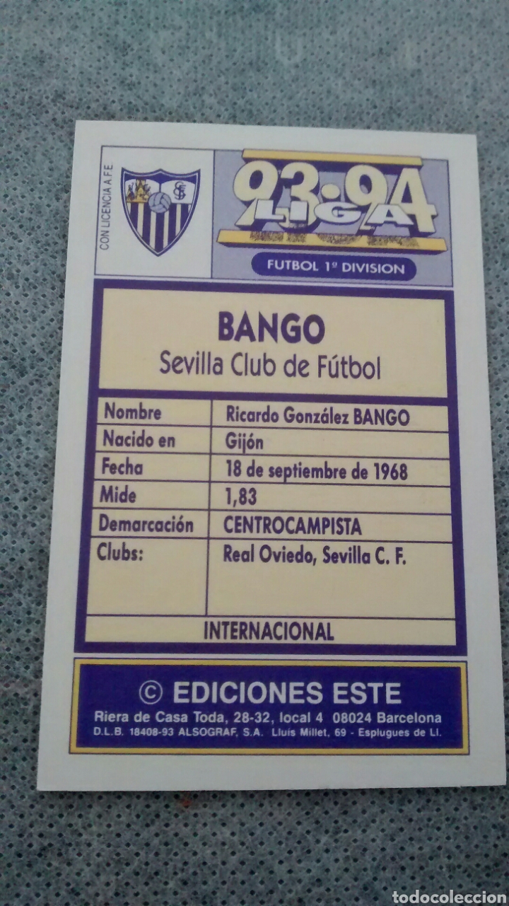 Cromos de f&uacute;tbol: 1993 93 94 ESTE BANGO - Foto 2