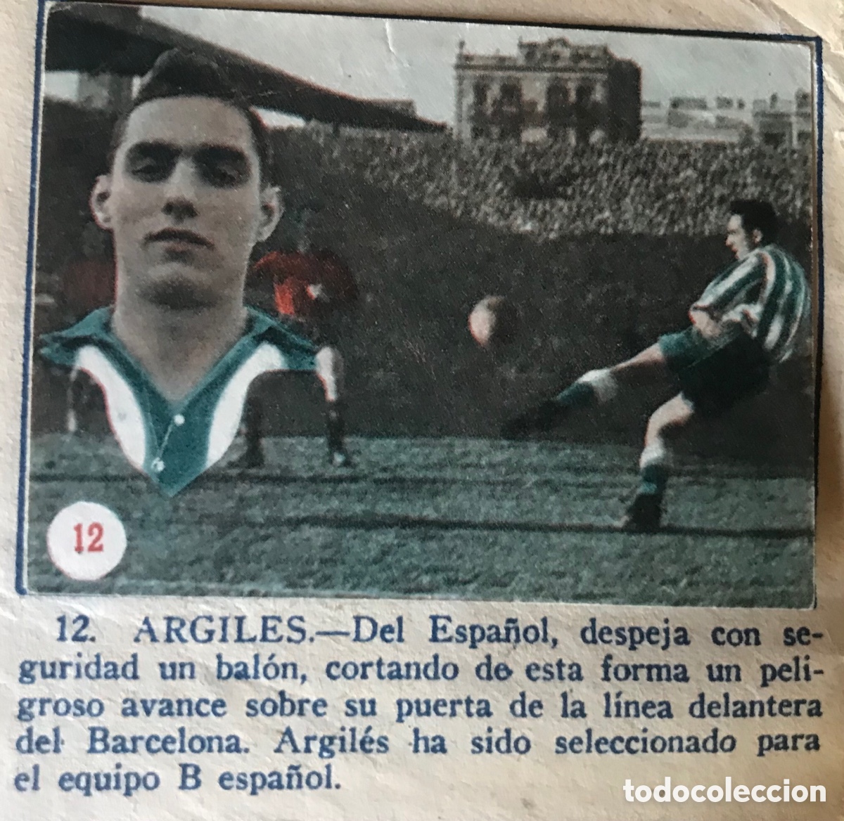 Fu&szlig;ball-Sticker: Cromo f&uacute;tbol Argiles Espa&ntilde;ol Barcelona.&Aacute;lbum escenas deportivas 1953