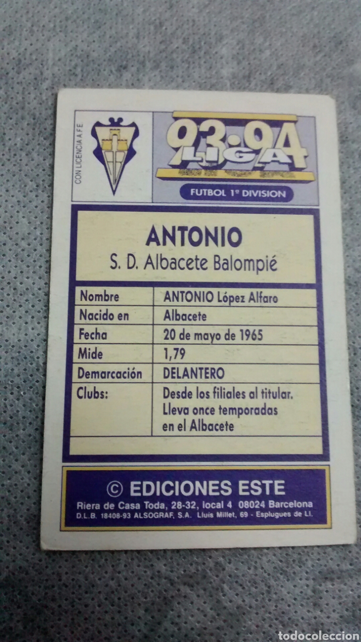 Cromos de f&uacute;tbol: 1993 93 94 ESTE ANTONIO - Foto 2