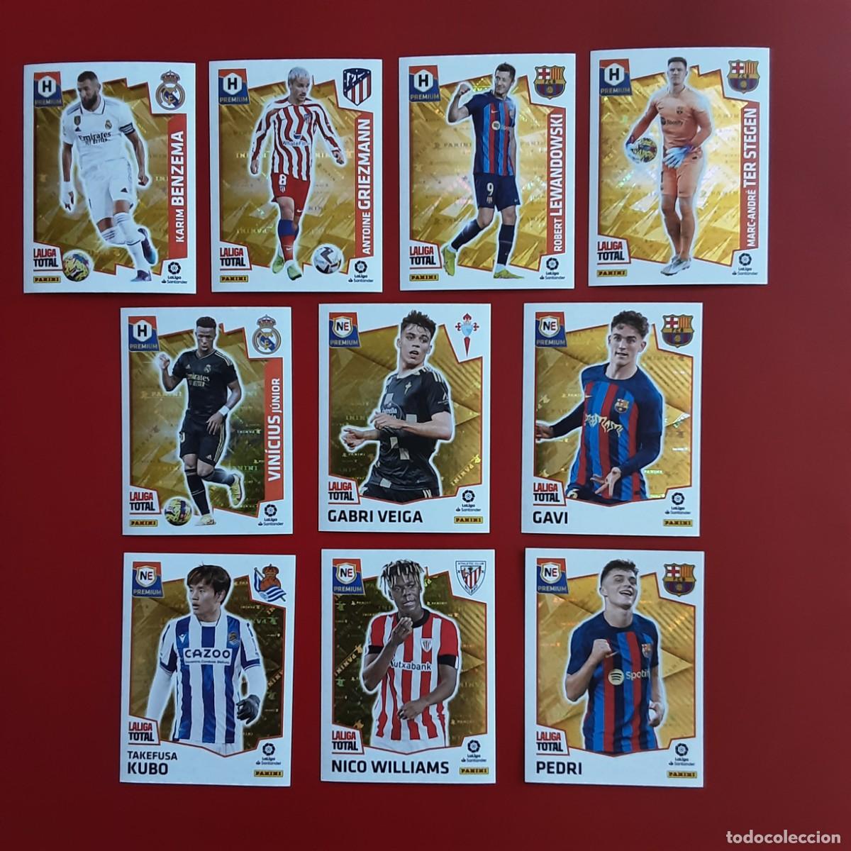Fu&szlig;ball-Sticker: LOTE COMPLETO 10 CROMOS PREMIUM DIFERENTES LALIGA TOTAL 2022 2023 PANINI GAVI-VINICIUS-GABER VEIGA
