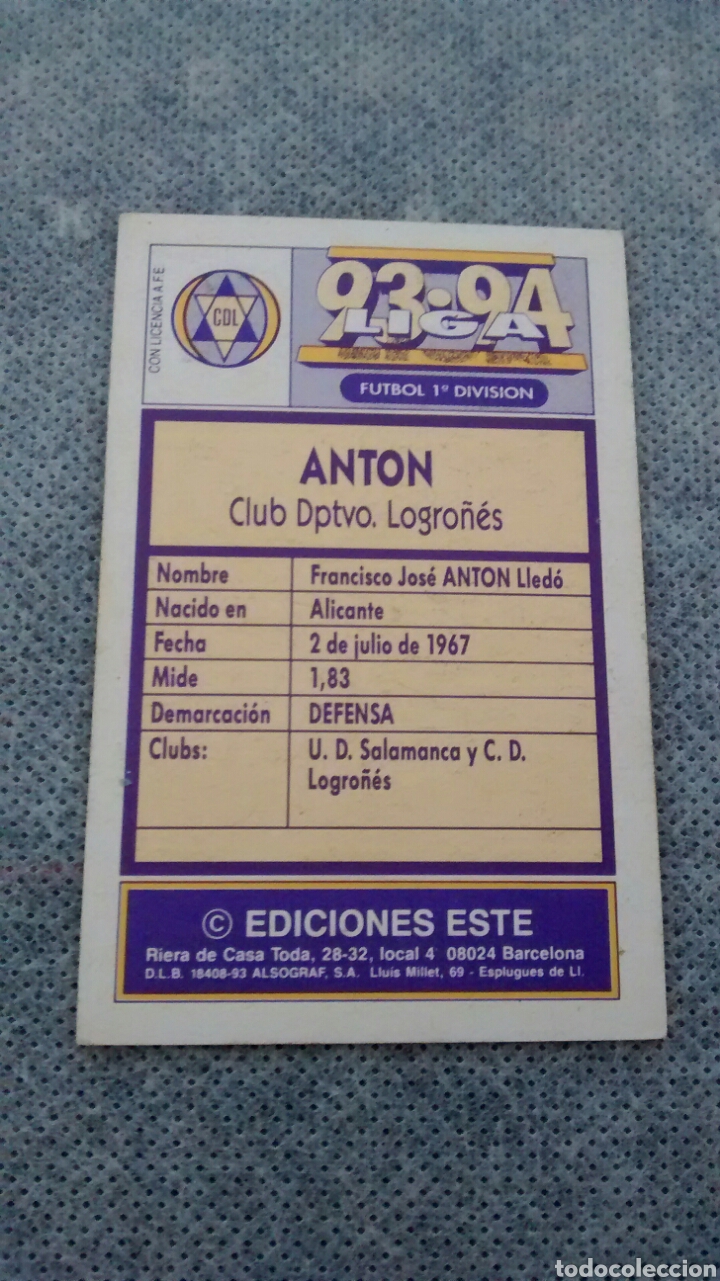 Cromos de f&uacute;tbol: 1993 93 94 ESTE ANTON (A1) - Foto 2