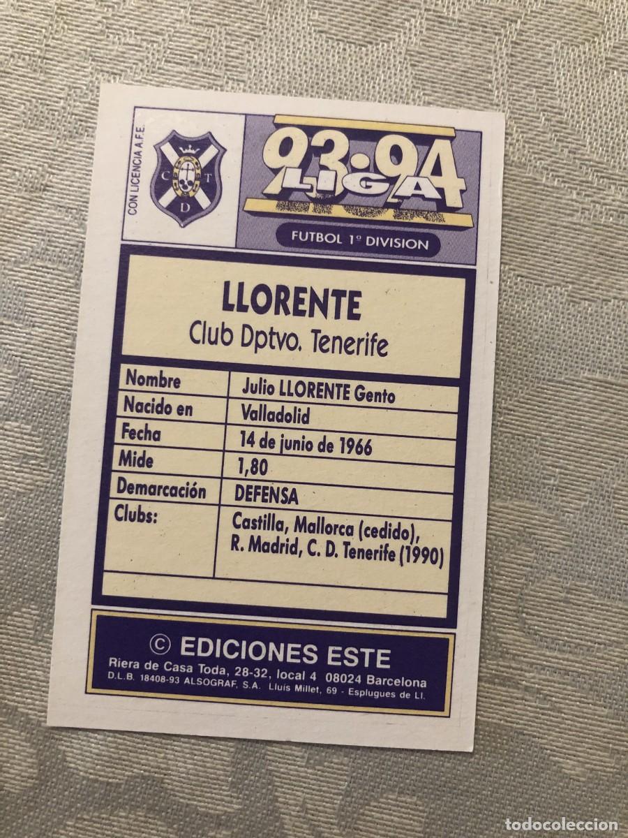 Cromos de f&uacute;tbol: LLORENTE TENERIFE EDICIONES ESTE 93-94 - Foto 2