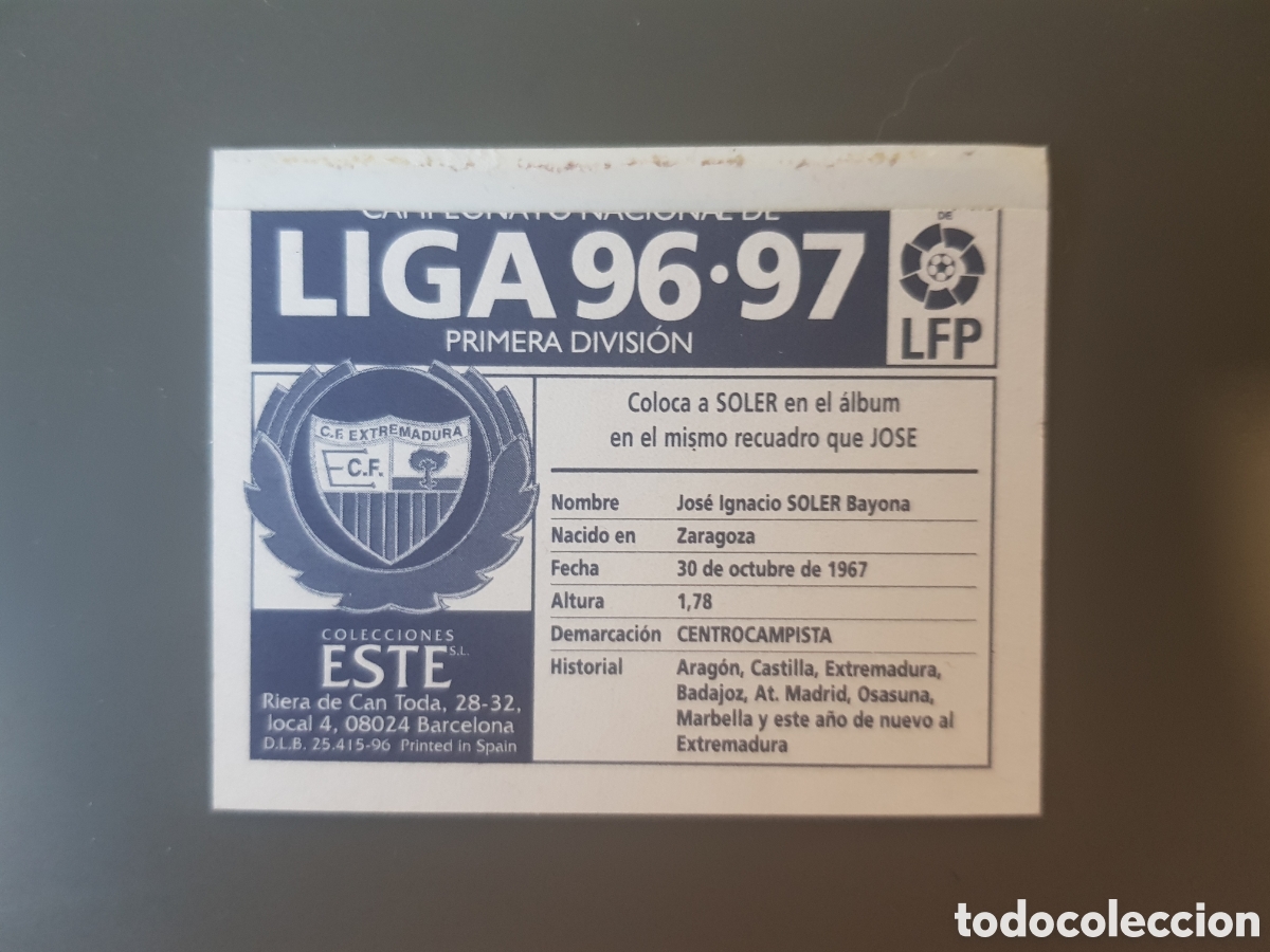 Cromos de f&uacute;tbol: SOLER Coloca (ventanilla) CF Extremadura Esiciones Este Liga 96 97 - Foto 2