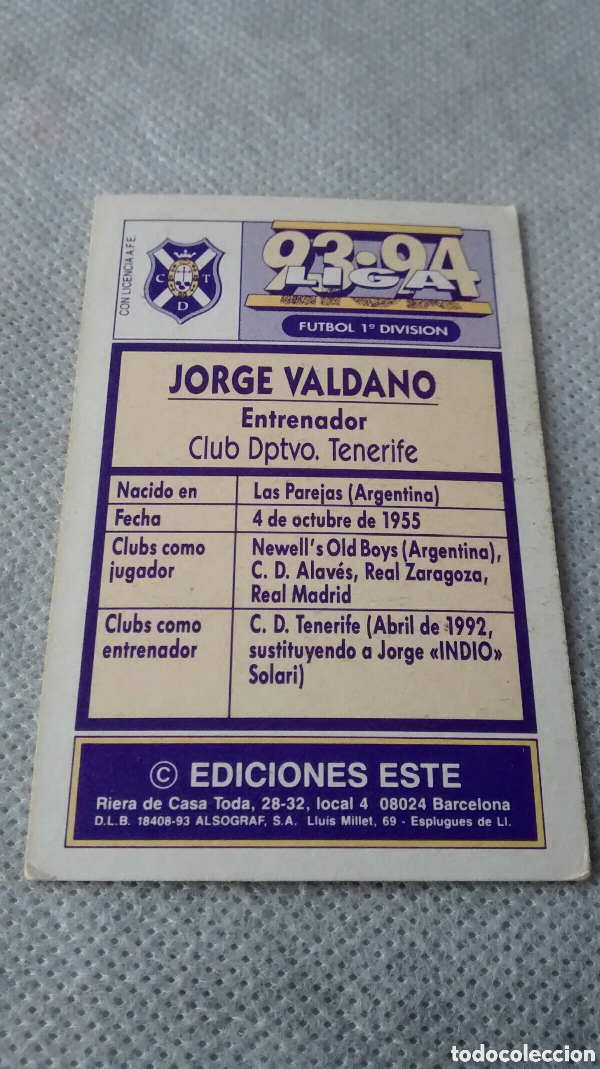 Cromos de f&uacute;tbol: 1993 93 94 ESTE JORGE VALDANO - Foto 2