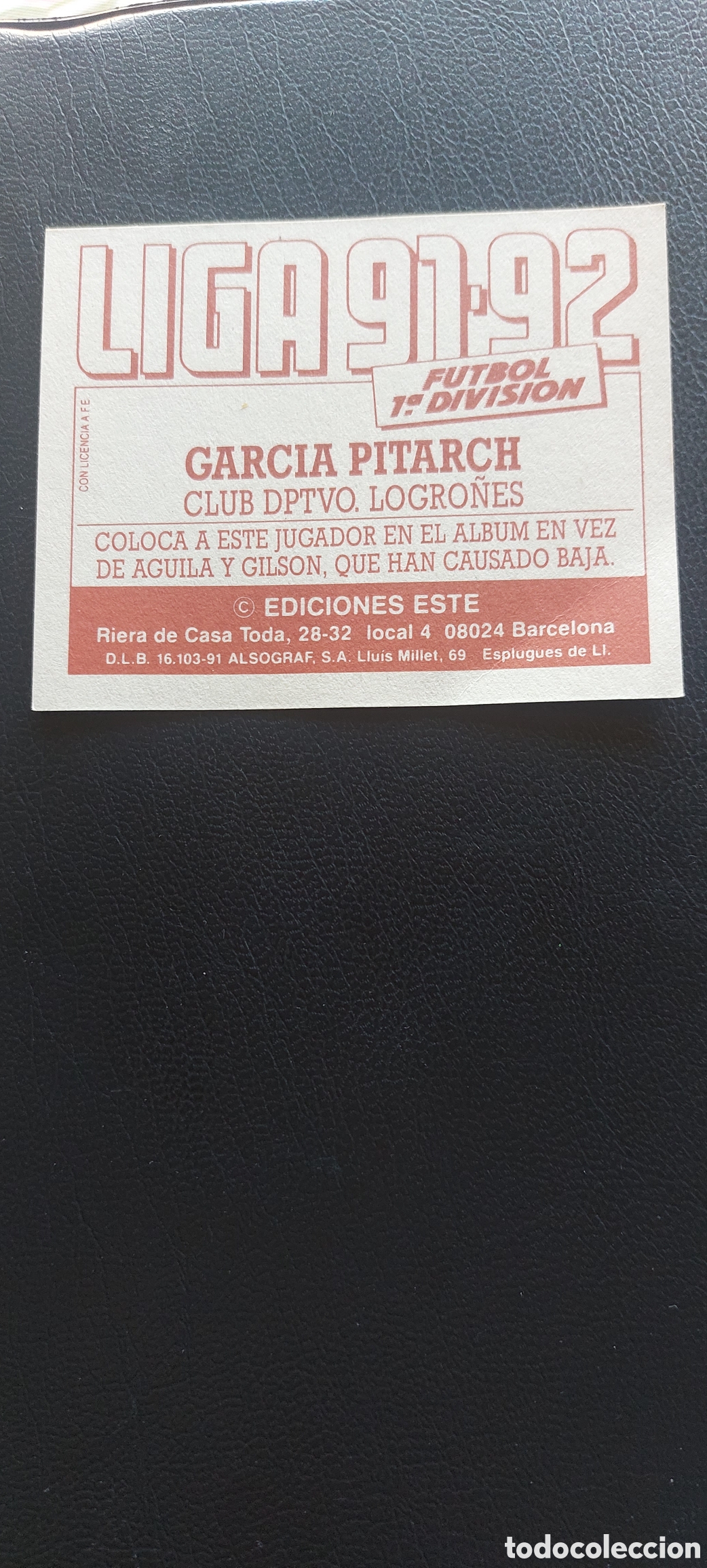 Cromos de f&uacute;tbol: Garcia pitarch nunca pegado coloca logro&ntilde;es 91/92 - Foto 2