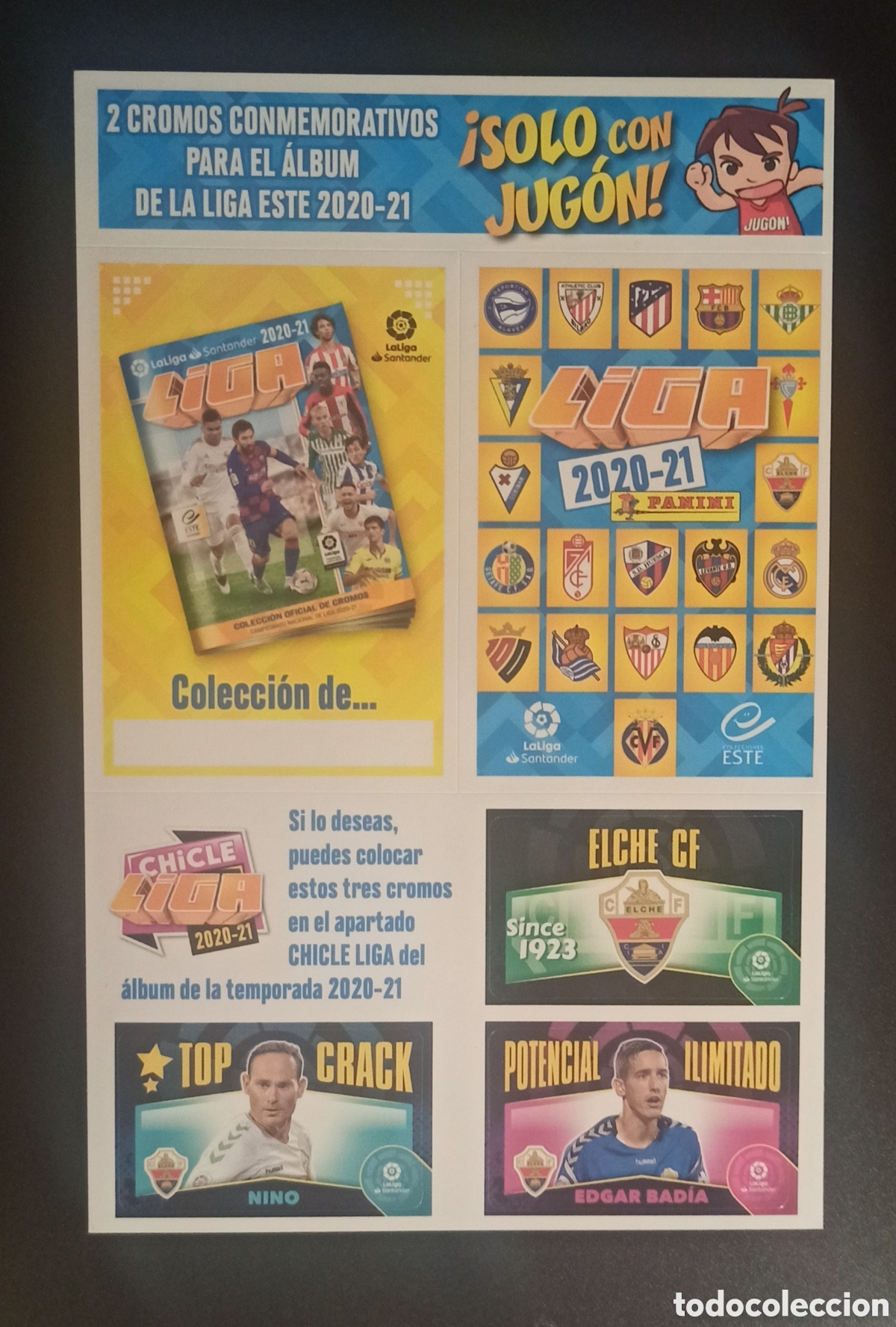 Football Stickers: 2 cromos conmemorativos 2020 2021 + 3 chicles Liga Panini Este 20 21. Revista Jug&oacute;n