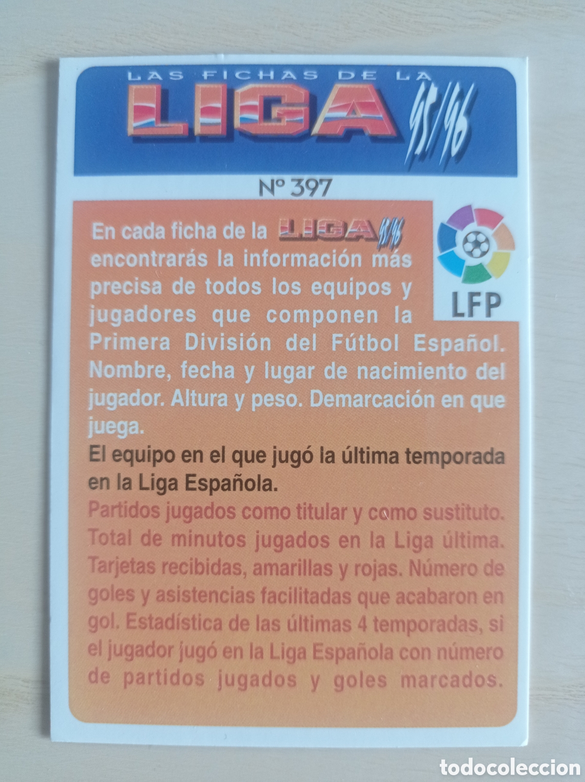 Fu&szlig;ball-Sticker: F&Uacute;TBOL CROMO N&ordm; 397 TARJETA DE LA COLECCI&Oacute;N MUNDICROMO 1995 1996