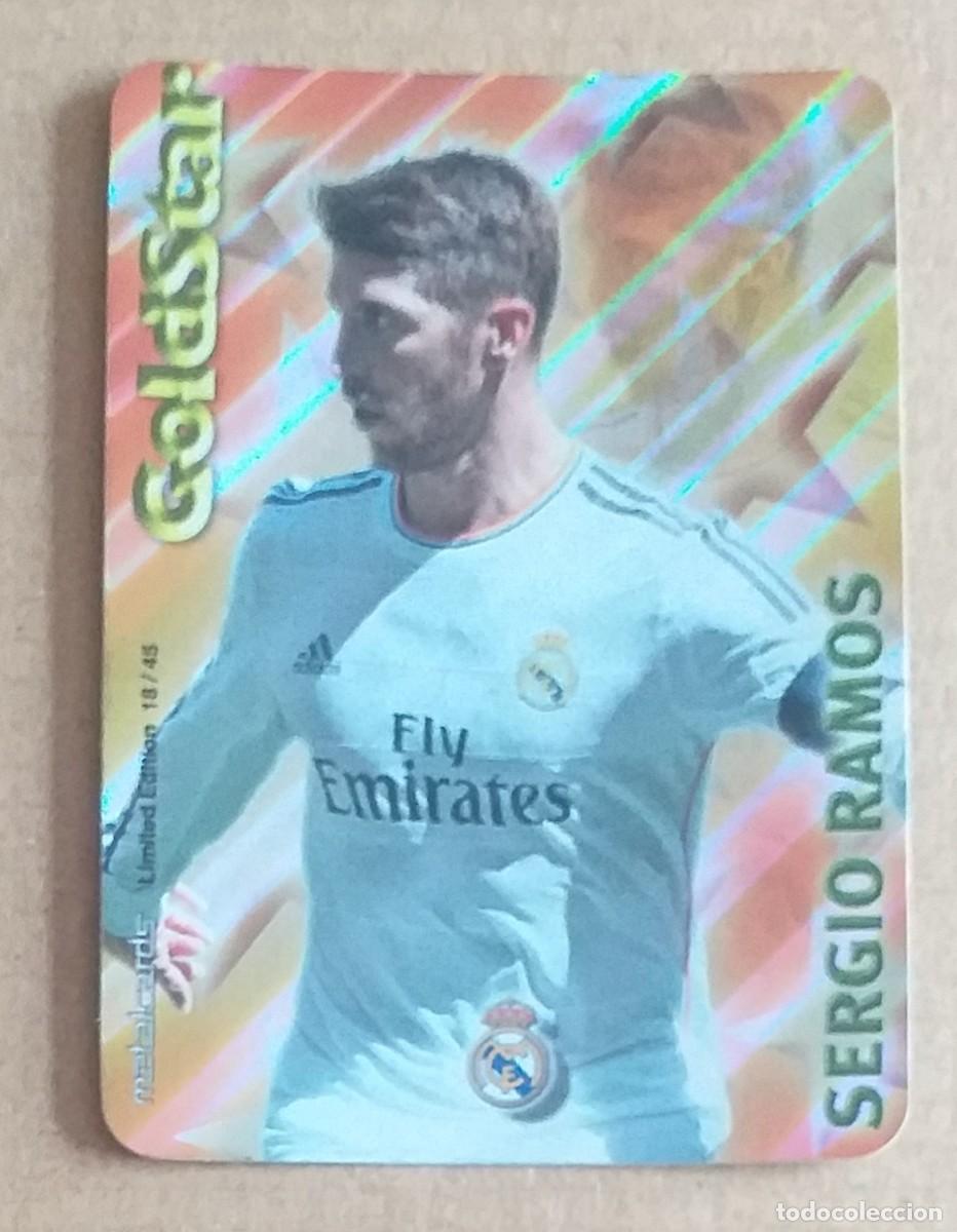 Cromos de F&uacute;tbol: CROMO 18/45 SERGIO RAMOS GOLDSTAR RAYAS DIAGONALES METALCARD EDICI&Oacute;N LIMITADA MUNDICROMO 2014-2015.