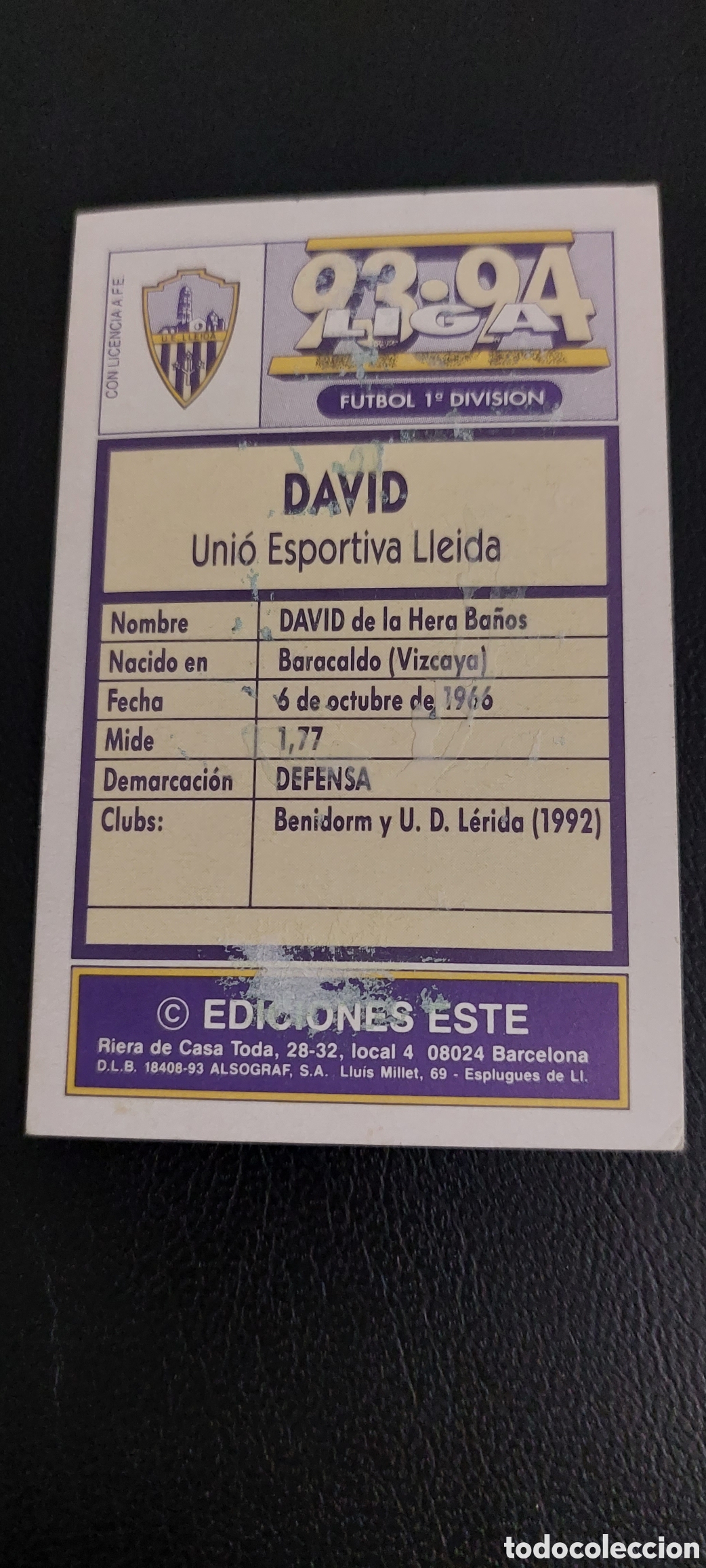 Cromos de f&uacute;tbol: David baja lleida 93/94 - Foto 2