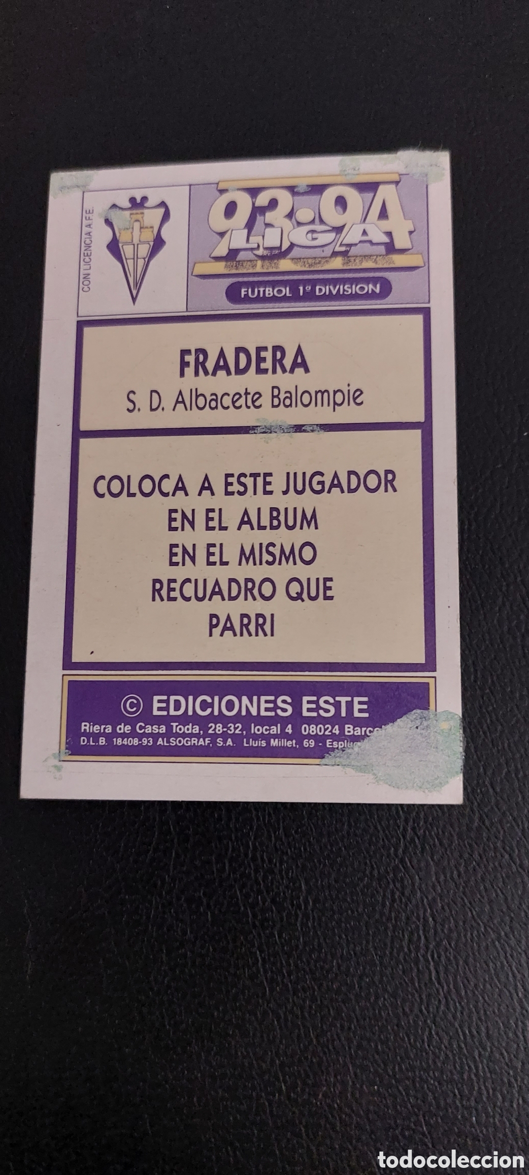 Cromos de f&uacute;tbol: Fradera coloca albacete 93/94 - Foto 2