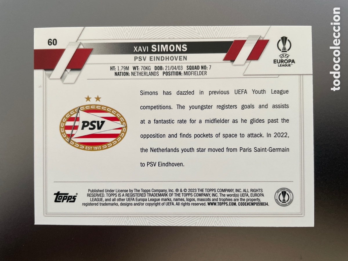 Cromos de f&uacute;tbol: Xavi Simons 60 Topps UCL 2023 PSV Eindhoven - Foto 2