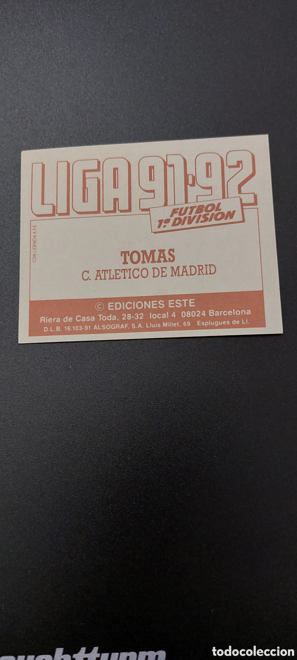 Cromos de f&uacute;tbol: Tomas atletico madrid 91/92 - Foto 1