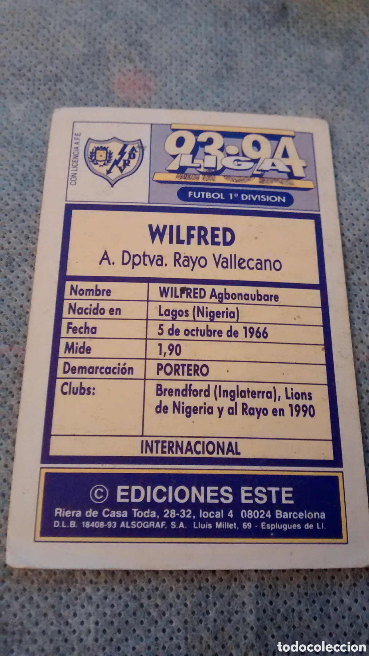 Cromos de f&uacute;tbol: 1993 93 94 ESTE WILFRED, RAYO - Foto 2
