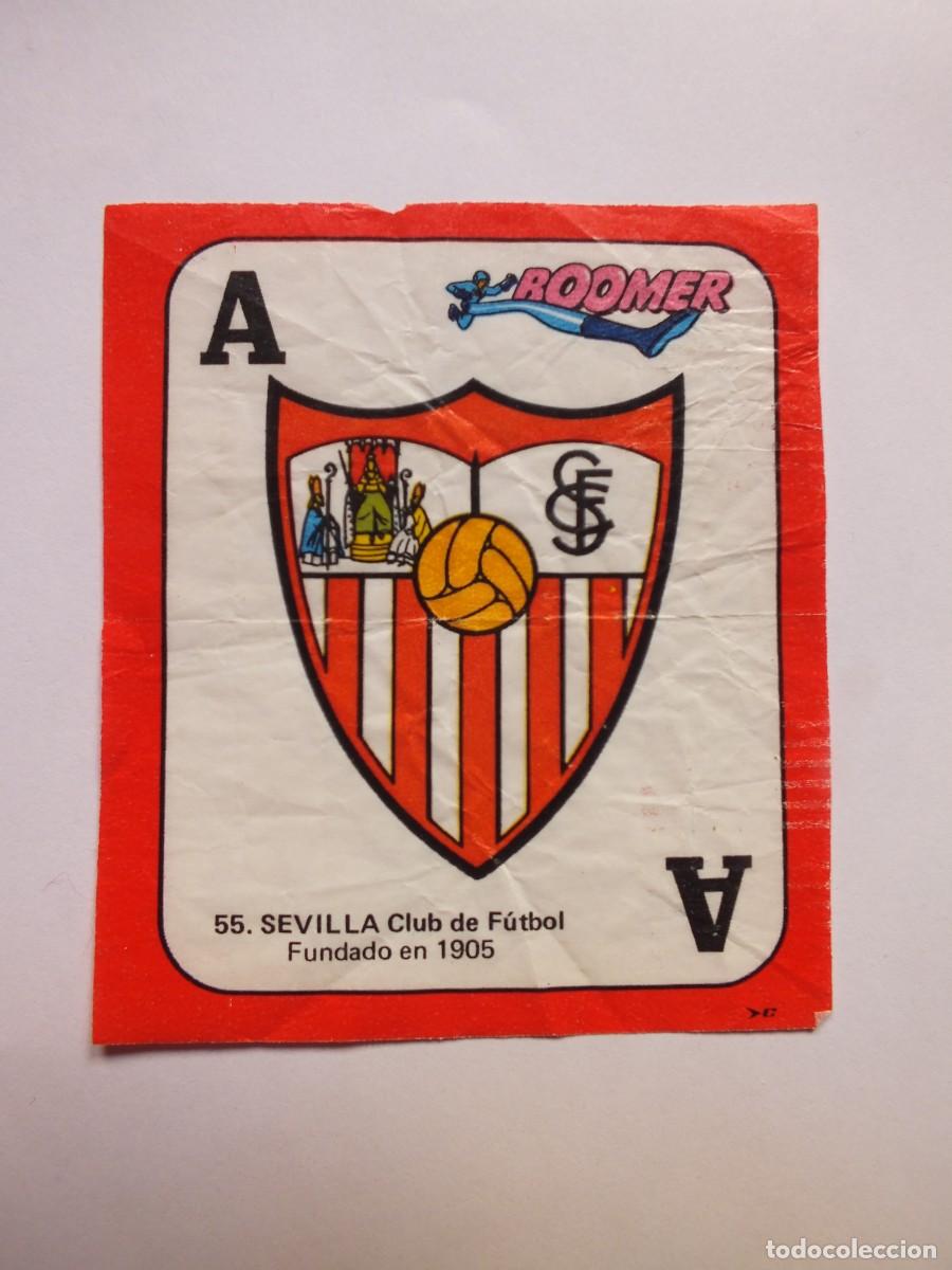 Cromos de f&uacute;tbol: Escudo Sevilla Club de F&uacute;tbol Ases de la Liga Antiguo cromo N&ordm; 55 Chicles Boomer