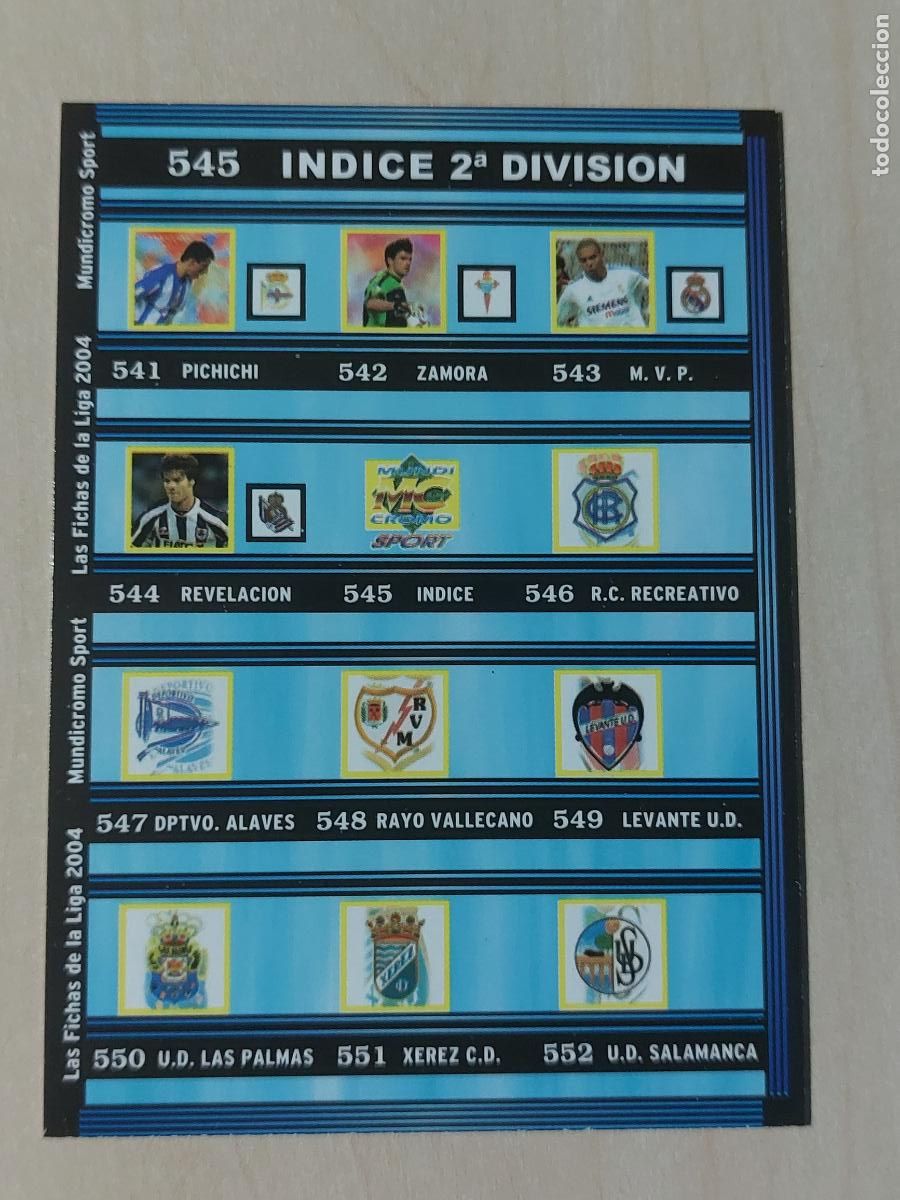 Cromos de F&uacute;tbol: N&ordm; 545 INDICE - LAS FICHAS DE LA LIGA 2004 - MUNDICROMO -