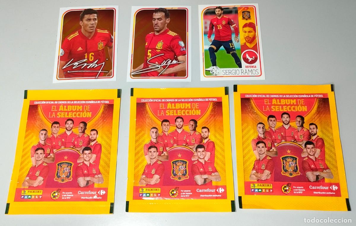 Fu&szlig;ball-Sticker: Lote 3 cromos + 3 sobres sin abrir de El &Aacute;lbum de la Selecci&oacute;n de F&uacute;tbol. Carrefour (2021)