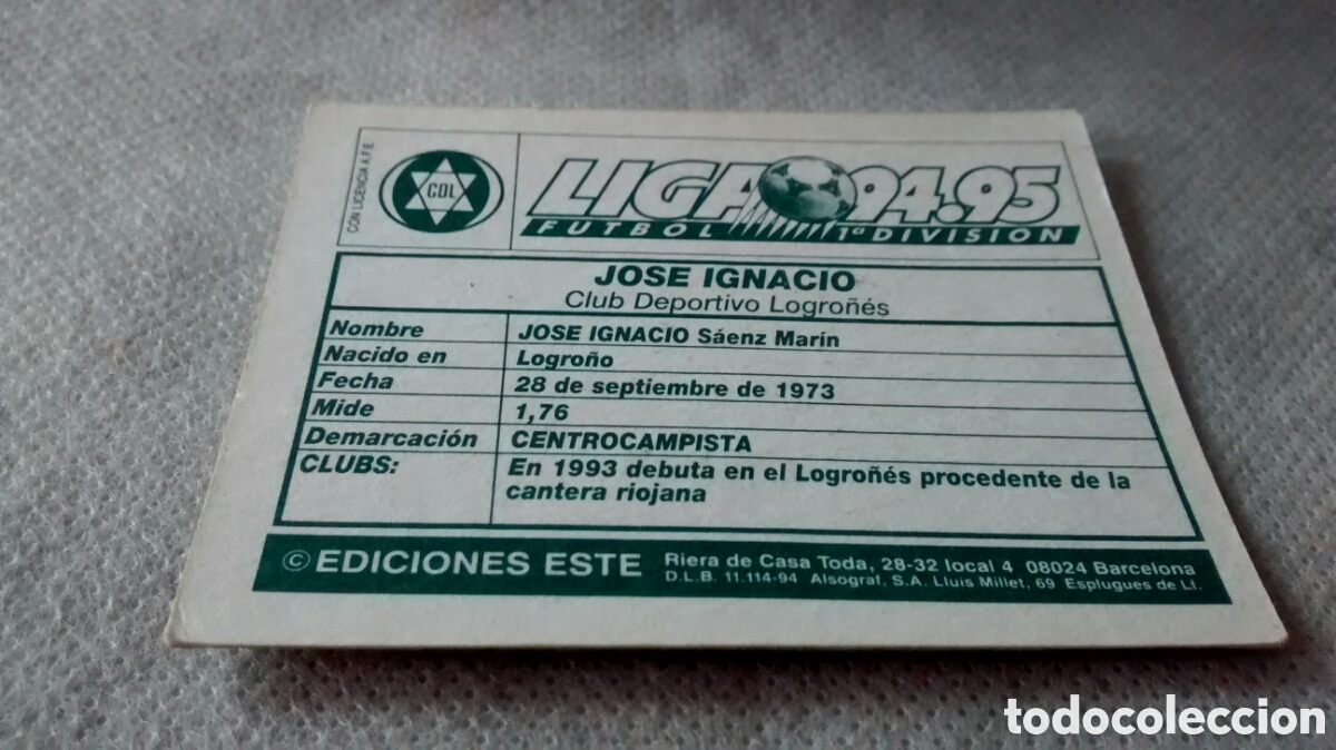 Cromos de f&uacute;tbol: 94 95 1994 1995 ESTE JOSE IGNACIO, LOGRO&Ntilde;ES - Foto 2