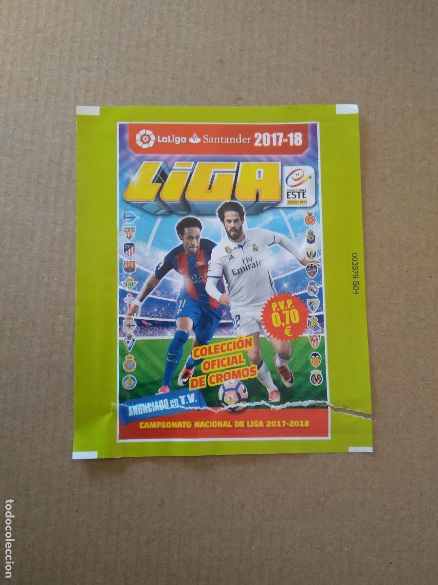 Cromos de F&uacute;tbol: SOBRE VACIO CROMO FUTBOL PANINI LIGA 17-18 EDICIONES ESTE 2017-2018 NEYMAR ISCO CODIGO LATERAL