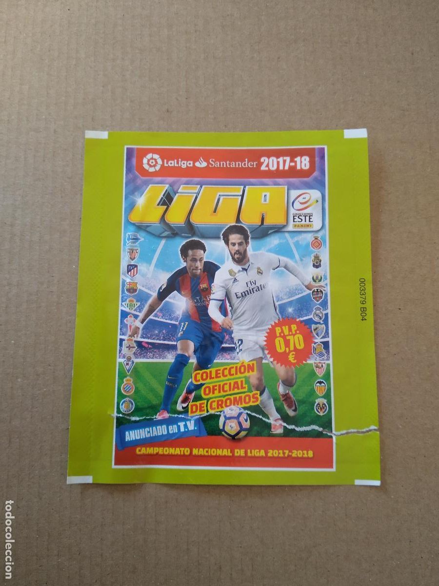 Cromos de F&uacute;tbol: SOBRE VACIO CROMO FUTBOL PANINI LIGA 17-18 EDICIONES ESTE 2017-2018 NEYMAR ISCO CODIGO LATERAL