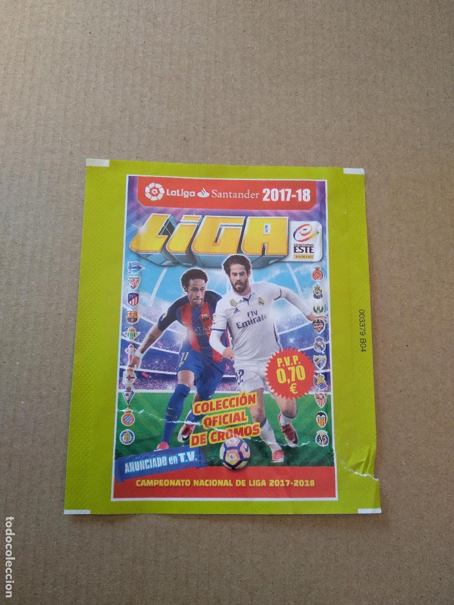 Cromos de F&uacute;tbol: SOBRE VACIO CROMO FUTBOL PANINI LIGA 17-18 EDICIONES ESTE 2017-2018 NEYMAR ISCO CODIGO LATERAL