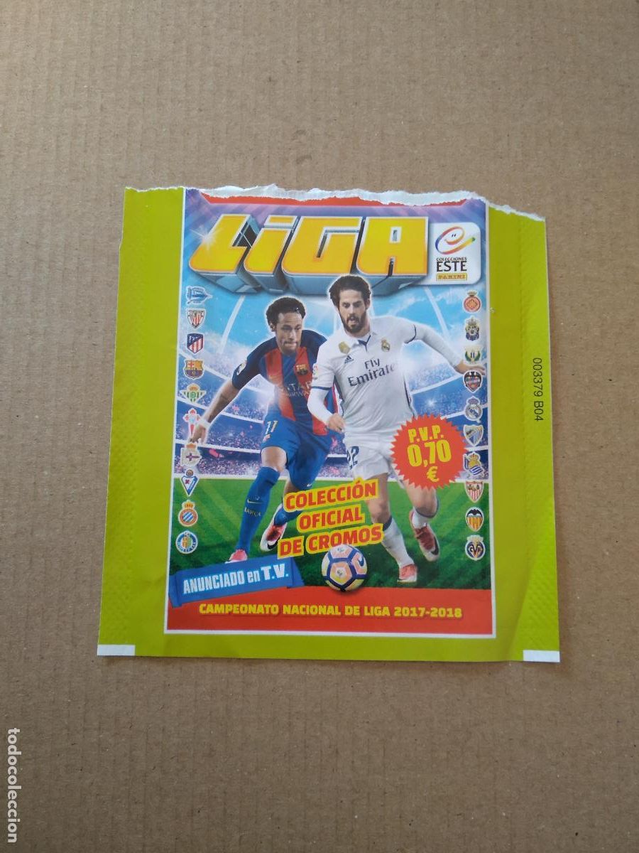 Cromos de F&uacute;tbol: SOBRE VACIO CROMO FUTBOL PANINI LIGA 17-18 EDICIONES ESTE 2017-2018 NEYMAR ISCO CODIGO LATERAL
