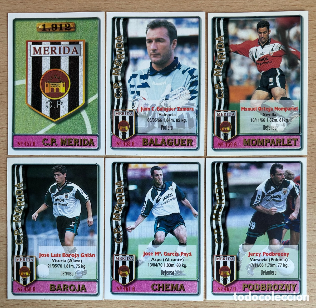 Football Stickers: CP M&eacute;rida equipo completo 6 cromos / 11 jugadores y escudo Mundicromo 96/97