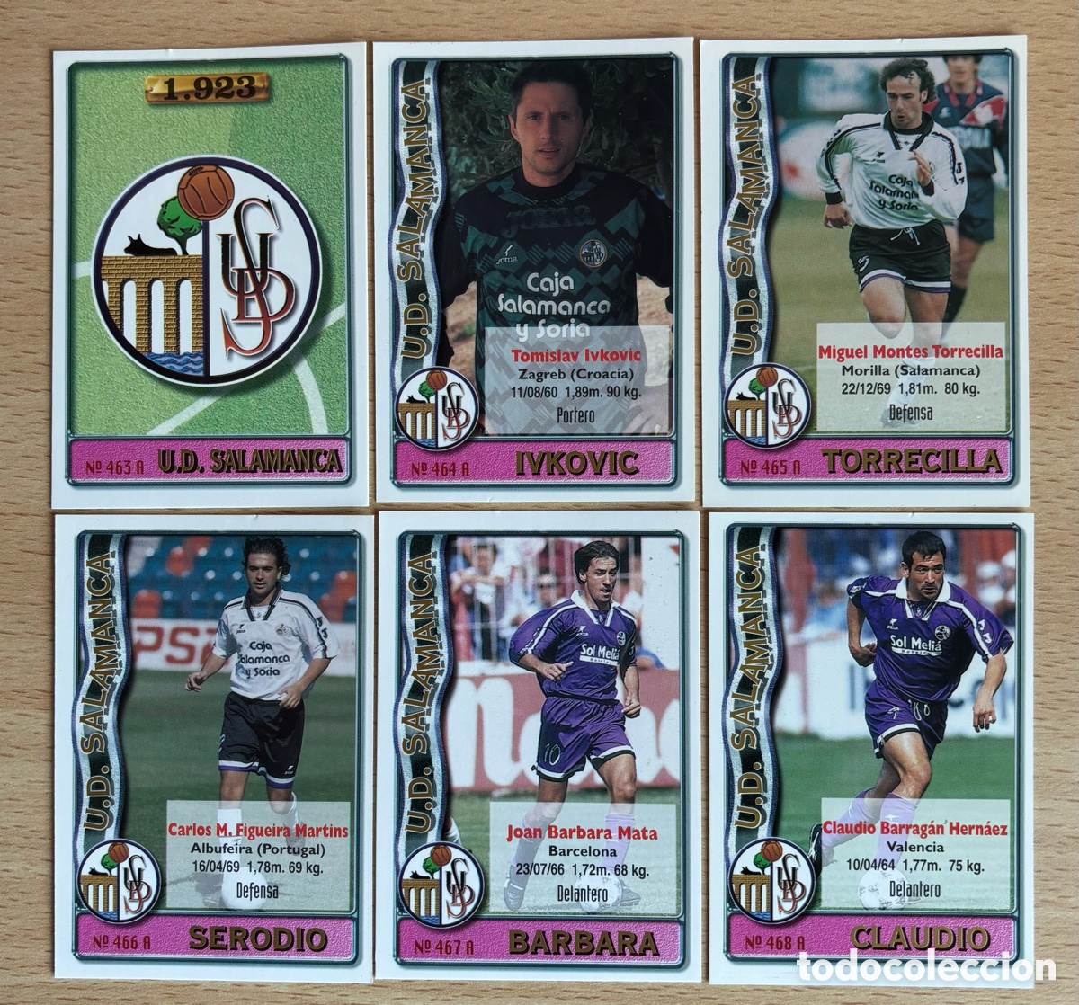 Fu&szlig;ball-Sticker: UD Salamanca equipo completo 6 cromos / 11 jugadores y escudo Mundicromo 96/97