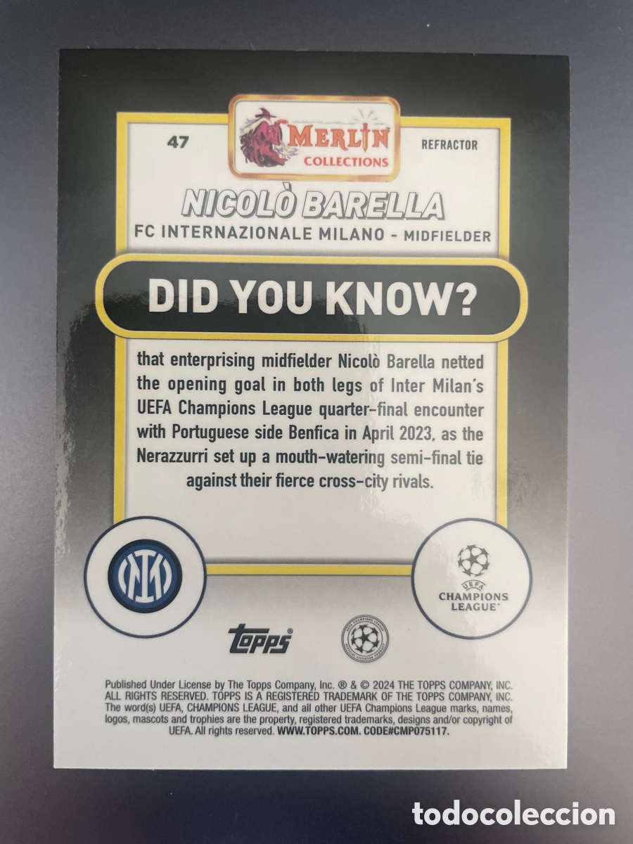 Cromos de f&uacute;tbol: Barella 47 Refractor Topps Merlin 2024 Inter Milan - Foto 2