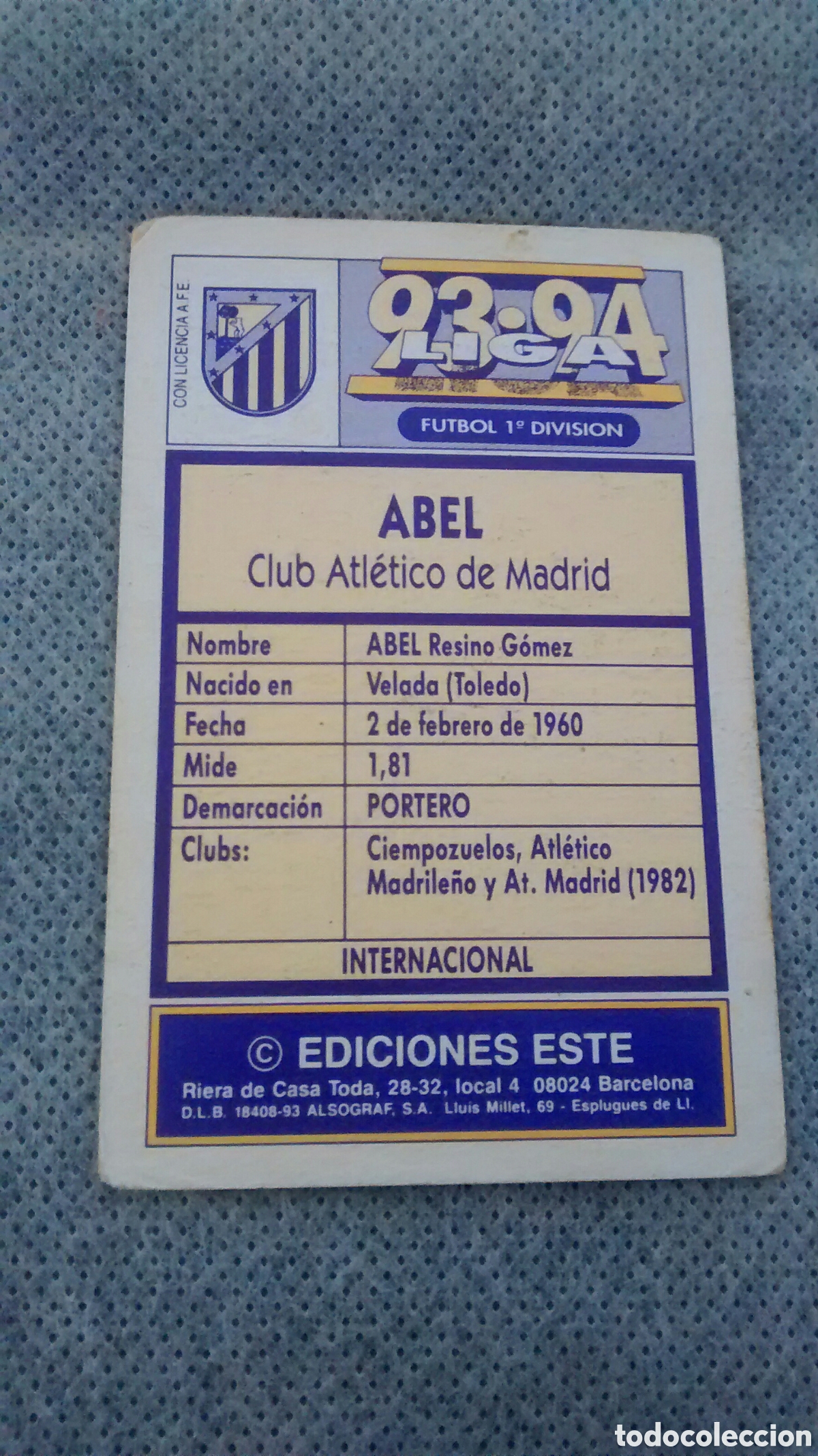 Cromos de f&uacute;tbol: 1993 93 94 ESTE ABEL, AT. MADRID - Foto 2