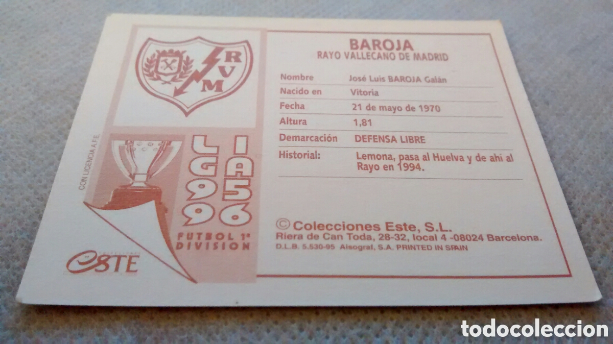 Cromos de f&uacute;tbol: 95 96 1995 1996 EDICIONES ESTE BAROJA, RAYO VALLECANO - Foto 2