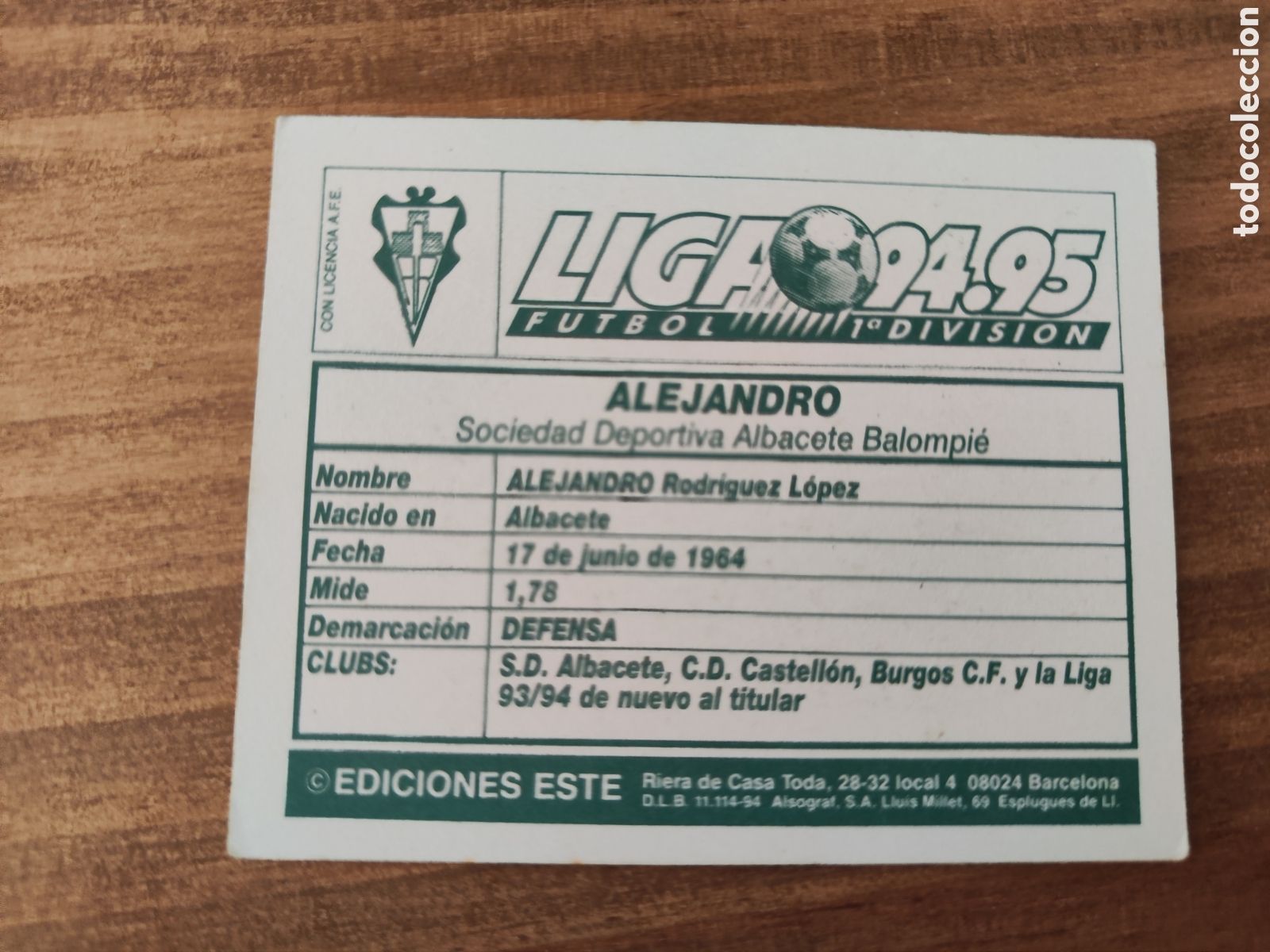 Cromos de f&uacute;tbol: Este 94 95 sin pegar Albacete Alejandro - Foto 2