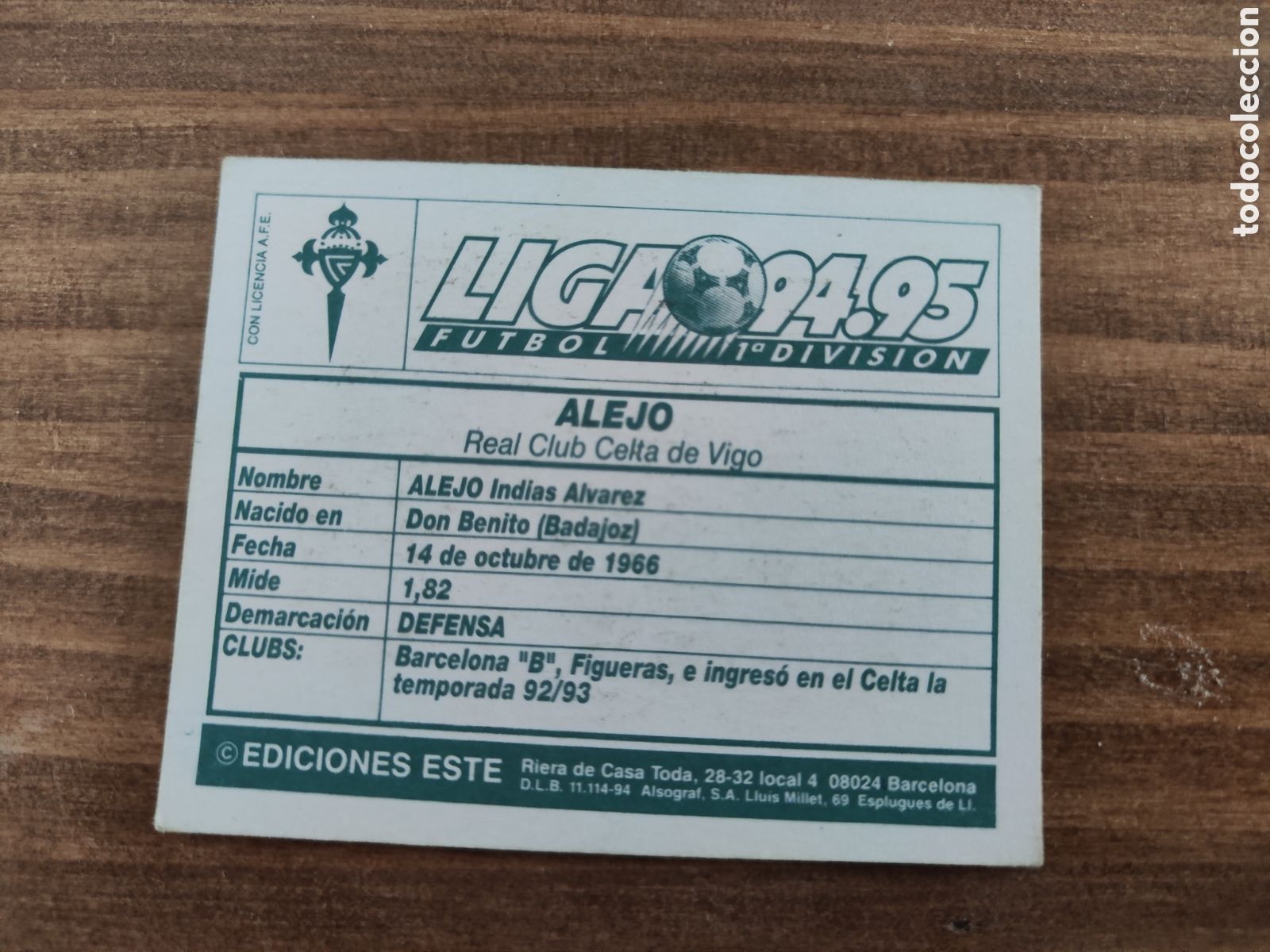 Cromos de f&uacute;tbol: Este 94 95 sin pegar Celta Alejo - Foto 2