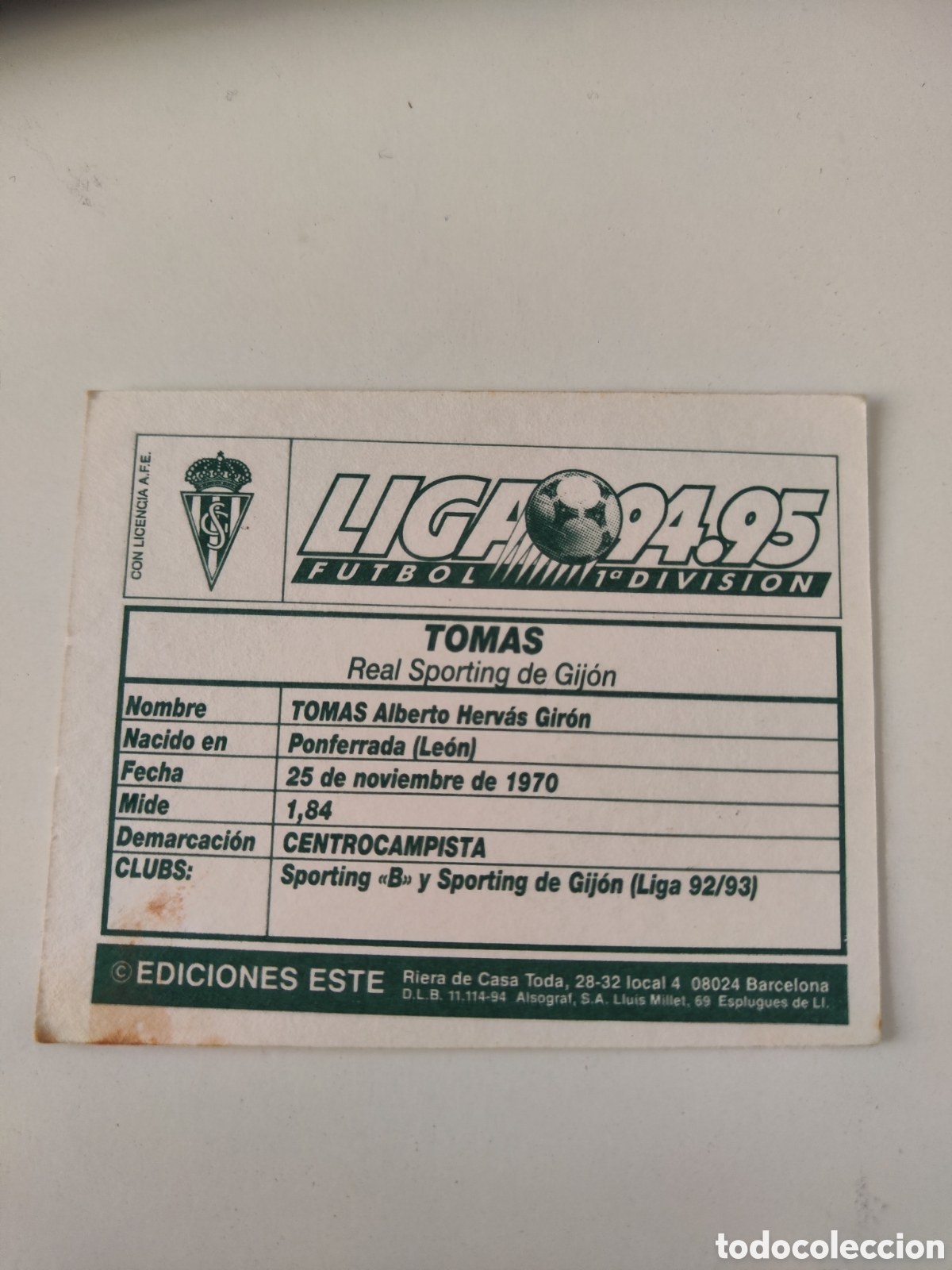 Cromos de f&uacute;tbol: Este 94 95 sin pegar Sporting Gij&oacute;n Tom&aacute;s - Foto 2