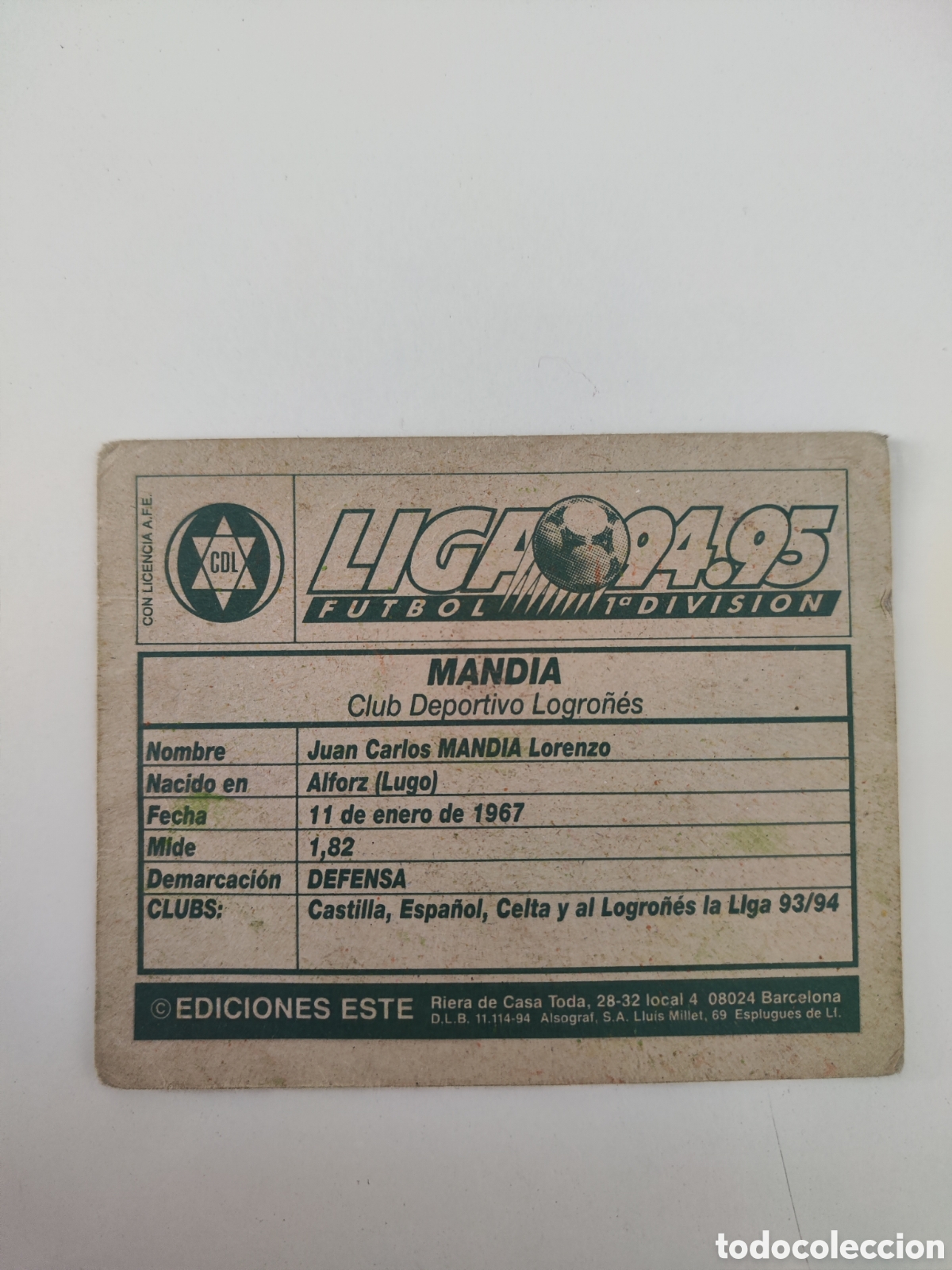 Cromos de f&uacute;tbol: Este 94 95 sin pegar Logro&ntilde;&eacute;s Mandia sobado - Foto 2