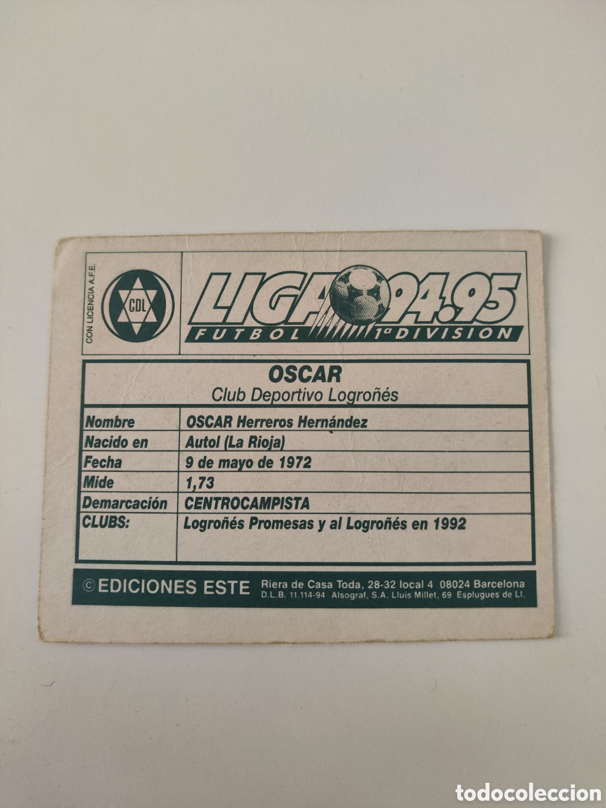 Cromos de f&uacute;tbol: Este 94 95 sin pegar Logro&ntilde;&eacute;s &Oacute;scar - Foto 2