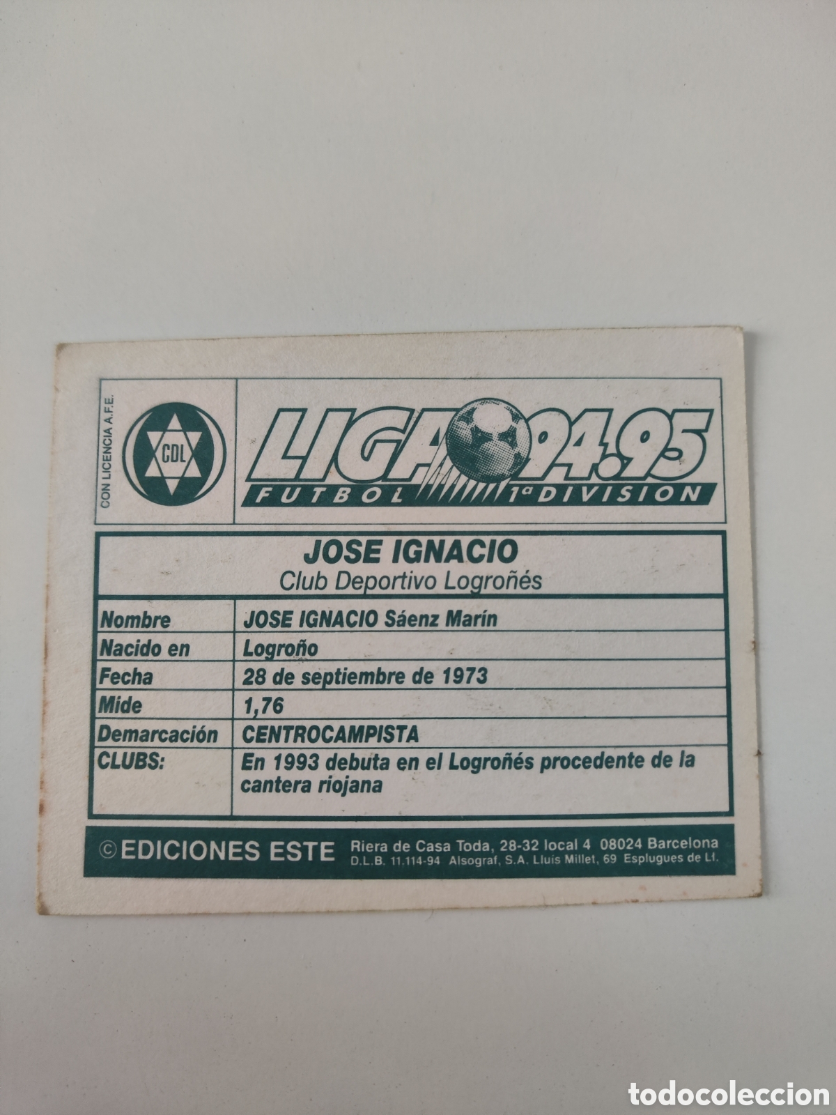 Cromos de f&uacute;tbol: Este 94 95 sin pegar Logro&ntilde;&eacute;s Jos&eacute; Ignacio - Foto 2