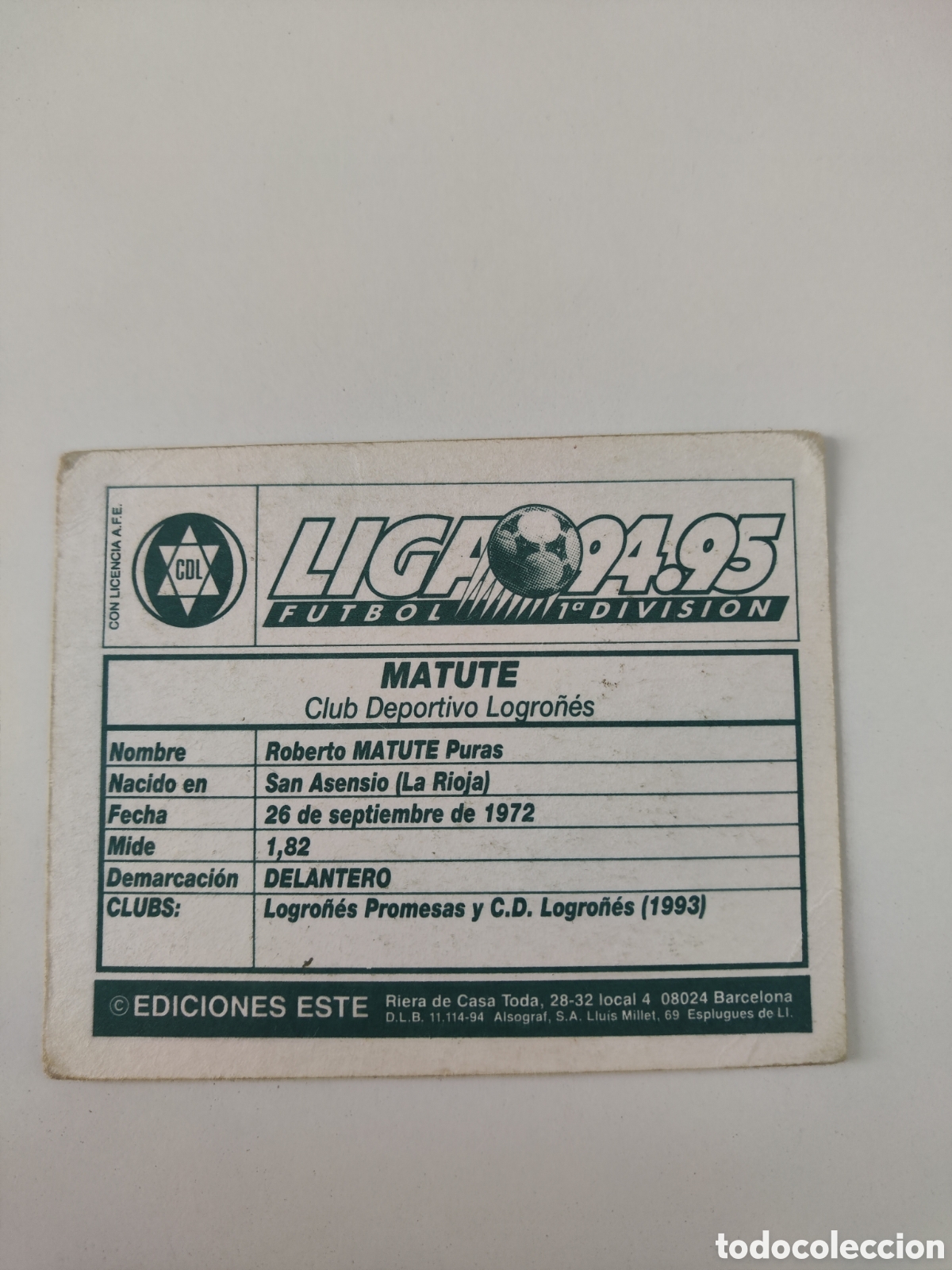 Cromos de f&uacute;tbol: Este 94 95 sin pegar Logro&ntilde;&eacute;s Matute - Foto 2