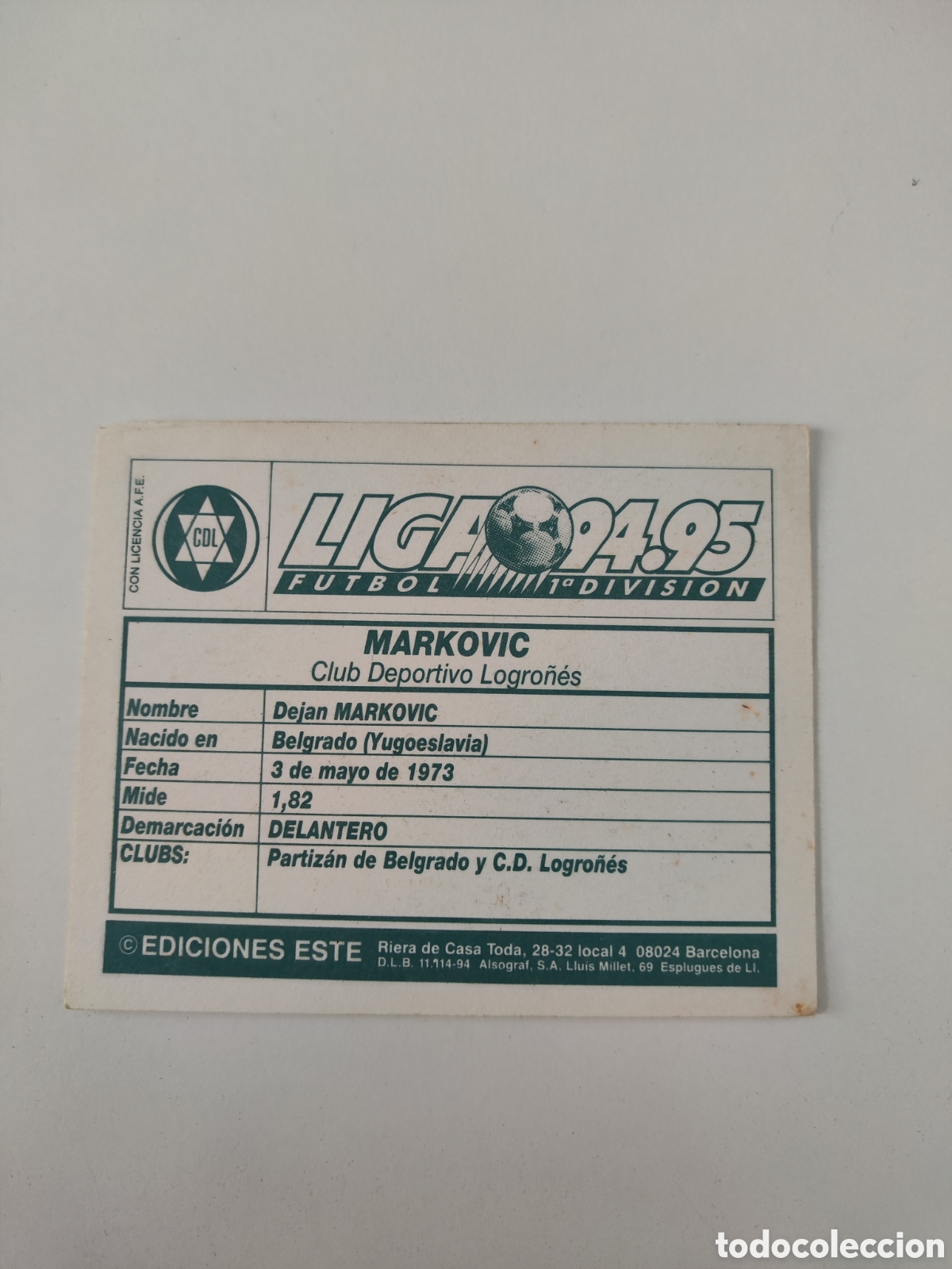 Cromos de f&uacute;tbol: Este 94 95 sin pegar Logro&ntilde;&eacute;s Markovic - Foto 2