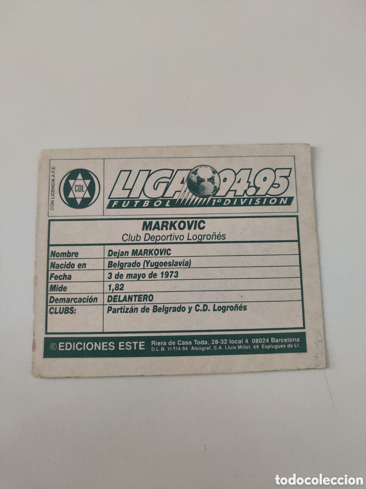 Cromos de f&uacute;tbol: Este 94 95 sin pegar Logro&ntilde;&eacute;s Markovic - Foto 2