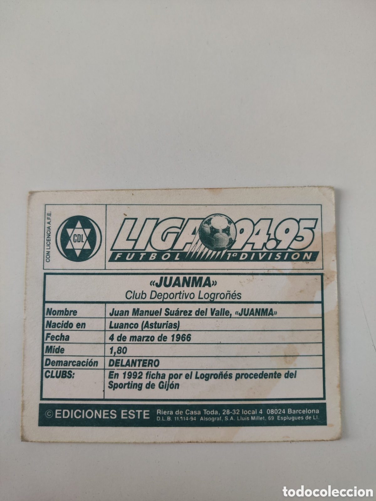 Cromos de f&uacute;tbol: Este 94 95 sin pegar Logro&ntilde;&eacute;s Juanma algo sobado - Foto 2