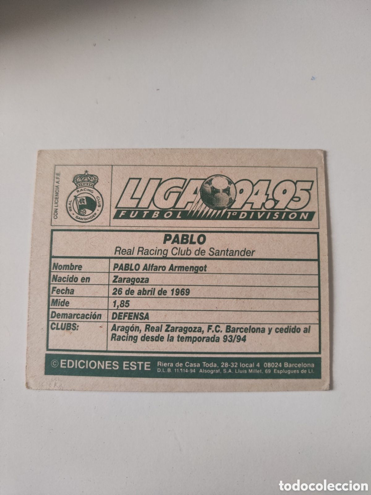 Cromos de f&uacute;tbol: Este 94 95 sin pegar Racing Santander Pablo - Foto 2