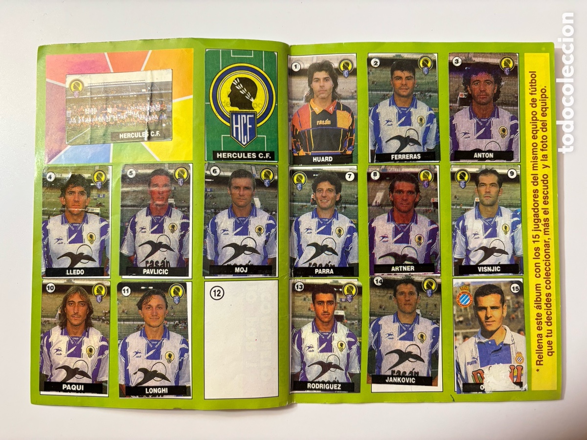 Cromos de F&uacute;tbol: &Aacute;lbum Chicle Liga 96 97 H&eacute;rcules de Alicante con 15 cromos (hay uno mal pegado)