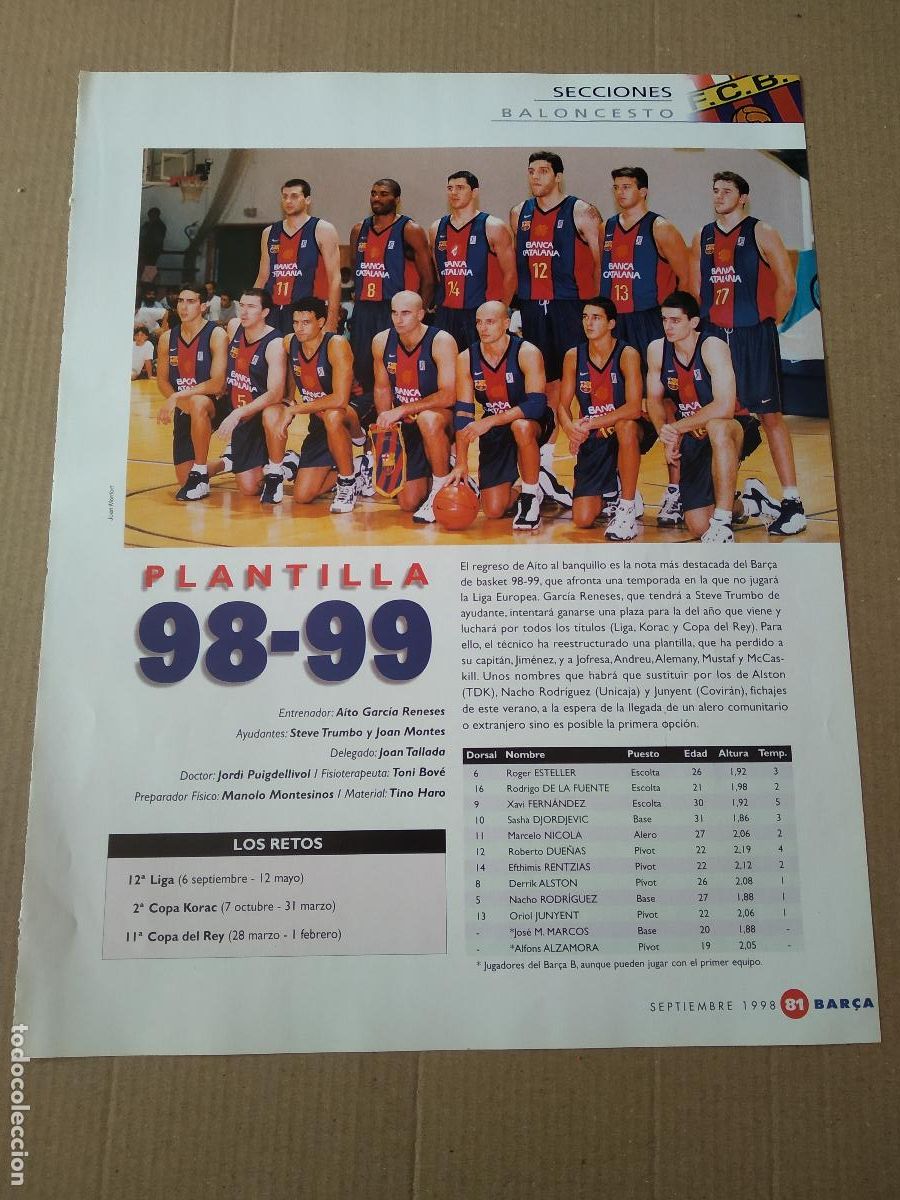 Cromos de F&uacute;tbol: HOJA REVISTA BAR&Ccedil;A EQUIPO PLANTILLA BASKET BALONCESTO 1998-1999 BALONMANO 98-99